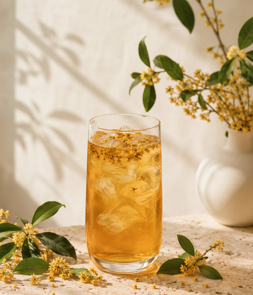 桂花乌龙冰茶,琥珀色茶汤上浮着桂花